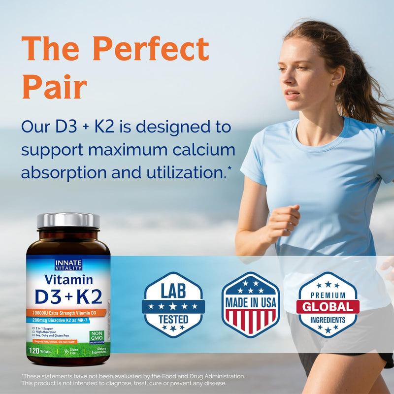 Innate Vitality Vitamin D3 K2, High Potency Vitamin D3 10000iu 120 Softgels | w/ Vitamin K2 (MK-7) 200 mcg, Supports Bone, Teeth, Heart & Immune Health Non-GMO, Gluten Free 120 Count (Pack of 1)