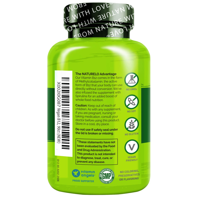 NATURELO Vegan B12 - Methylcobalamin, 90 Capsules | Organic Spirulina, Methyl B12 1000 mcg, Supports Healthy Mood, Energy, Heart & Eye Health, Vitamin B12 1000 mcg Unflavored 90 Count (Pack of 1)