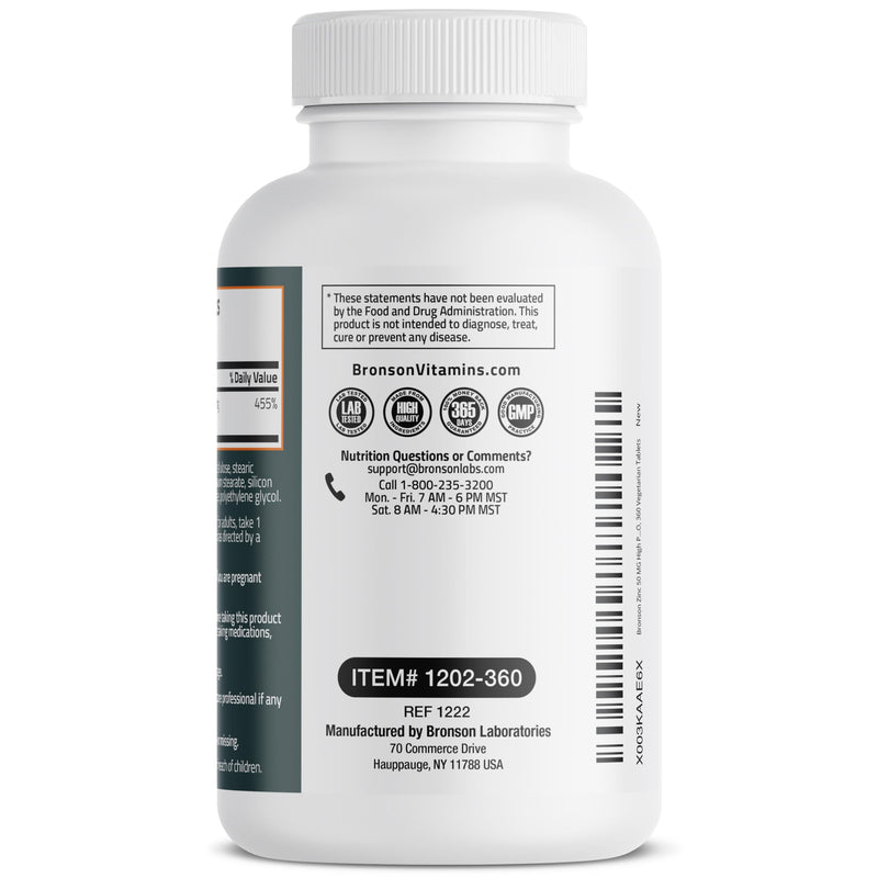 Bronson Zinc 50 MG High Potency One Year Supply Supports Immune, Antioxidant & Skin Health - Non-GMO, 360 Vegetarian Tablets 360 Count (Pack of 1) - BeesActive Australia