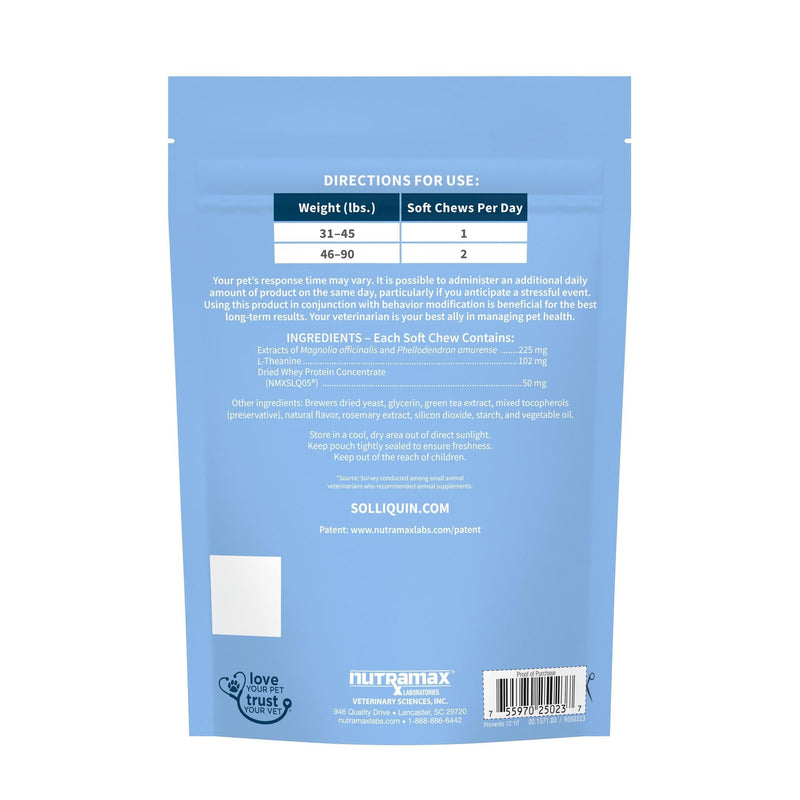 Nutramax Solliquin Calming Behavioral Health Supplement for Large Dogs - with L-Theanine, Magnolia/Phellodendron, and Whey Protein Concentrate, 75 Soft Chews 75 Ct Chew - Dog Only - PawsPlanet Australia