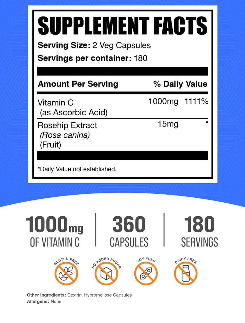 BulkSupplements.com Vitamin C with Rose HIPS Capsules - Vitamin C 1000mg & Rose HIPS 15mg, for Immune Support - Vegan, 2 Capsules per Serving, 360 Count (Pack of 2) 360 Count (Pack of 2)
