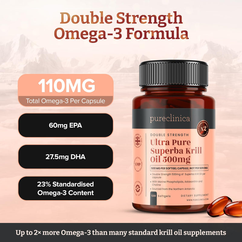 pureclinica Ultra Pure Superba Krill Oil 500mg x 120 Capsules - Sourced in The Unpolluted Waters of Antarctic Providing a Rich Supply of Astaxanthin, Omega 3 and Vitamin D 120 Count (Pack of 1)