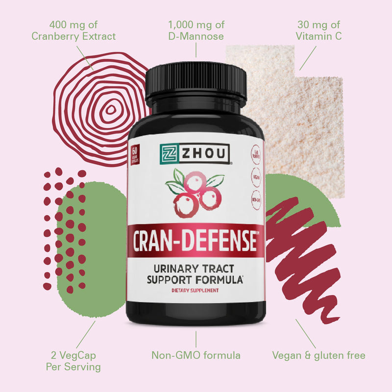 Zhou Cran-Defense - Cranberry Pills for Women & Men, D Mannose with Cranberry Extract, 1000 mg D-Mannose Per Serving for Urinary Tract Health, Antioxidant Support - 60 Veggie Capsules
