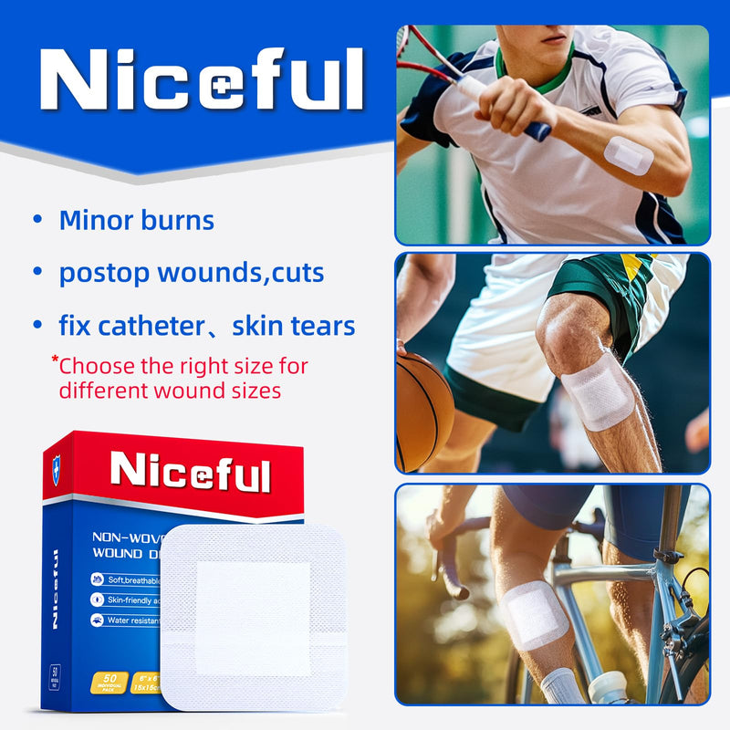 Niceful 50Pcs Adhesive Gauze Island Dressing 6"x6", Water-Resistant Wound Dressing, Sterile & Absorbent Medical Grade Dressing Pad First Aid Dressing Pads 6"x6"(50 Dressing)