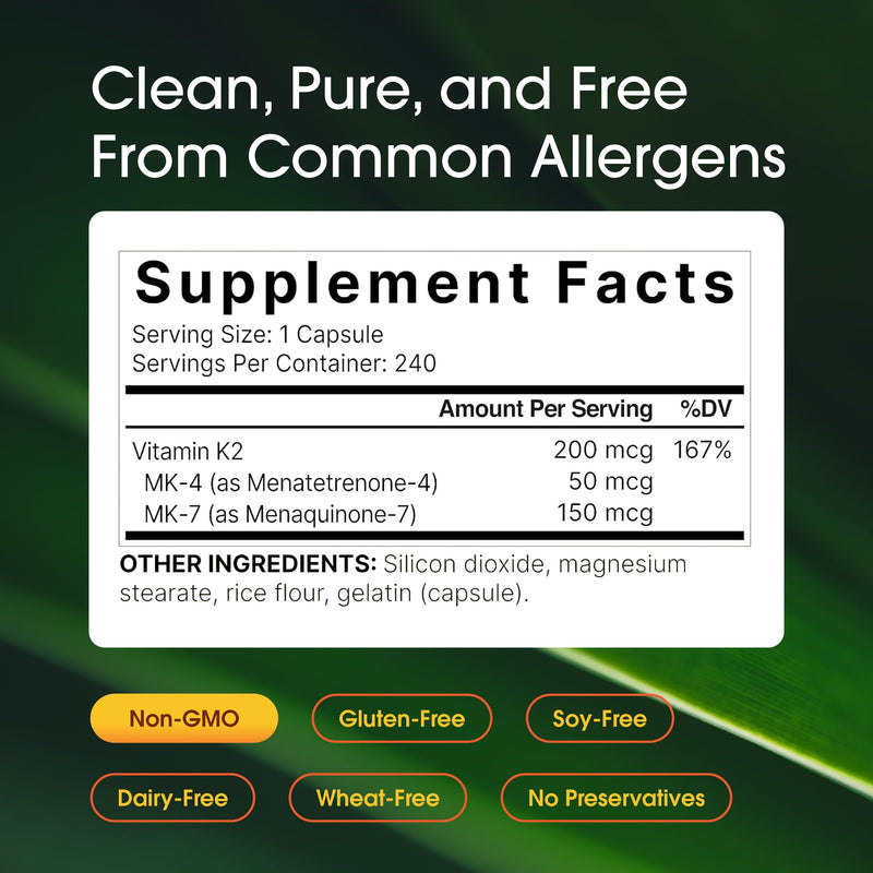 NatureBell Vitamin K2-240 Capsules - 200mcg Double Strength MK-7 & MK-4 Complex - Heart, Bone & Immune Health Support* - Complete K Vitamins Formula