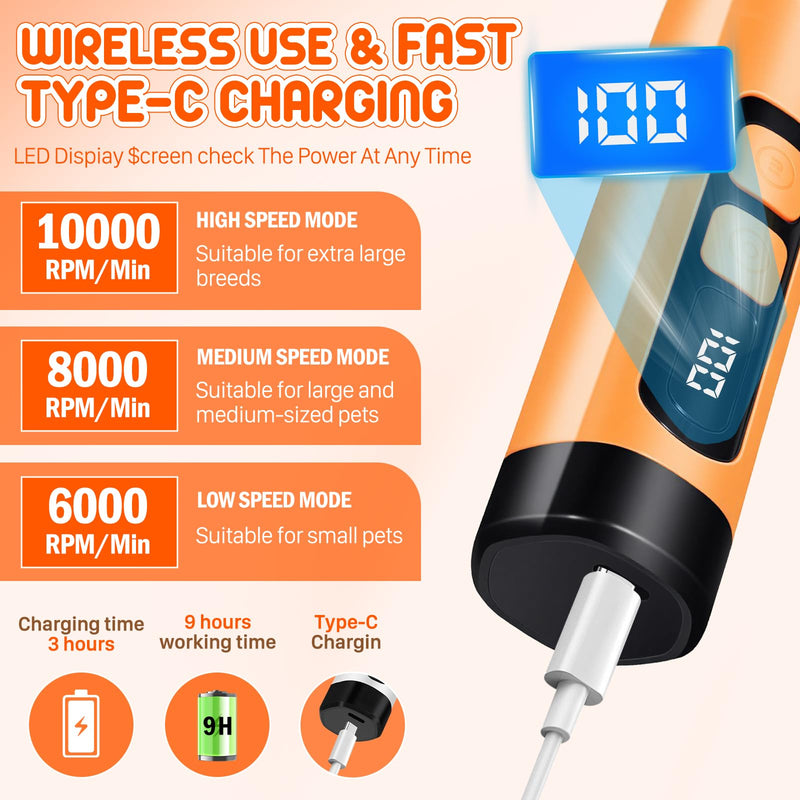 Dog Nail Grinder Electric Powerful 3 Speeds Dog Nail Clippers with Lights Quiet Cat Nail Clipper Painless Care Trimmers Tools for Small Medium Large Dogs and Cats（Orange） Orange - BeesActive Australia
