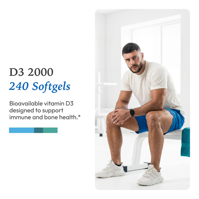 XYMOGEN D3 2000, 240 Softgels | Bioavailable Vitamin D3 2000 IU (50 mcg), High-Strength Vitamin D Supplement for Immune, Bone, and Heart Health Support 240 Count (Pack of 1)