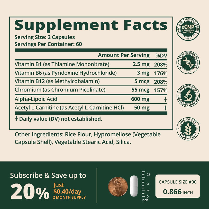 Alpha Lipoic Acid 600mg with B Vitamins, Chromium & ALCAR, 120ct | 3rd Lab Tested ALA Supplement for Men & Women Nerve, Energy & Metabolism Support. 60-day supply. Vegan, Non-GMO, Gluten Free