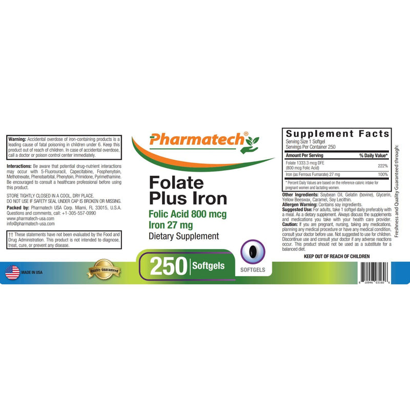 Folic Acid 800 mcg Plus Iron 27 mg Supplement for Women, Vitamin B9, Folate Prenatal, Fast Absorption, Made in USA, 250 Softgels