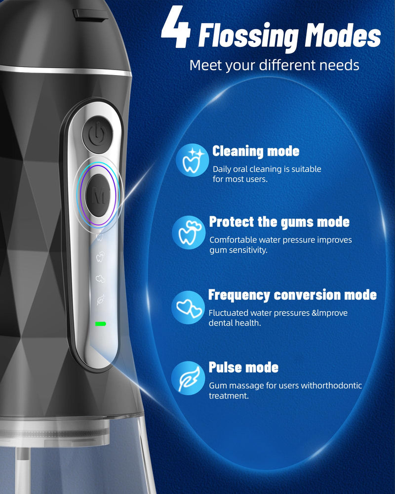 Electric Water Dental Flosser - Cordless Portable Teeth Cleaner, Rechargeable 320ML Larger Water Tank Oral Irrigator, 4 Modes with 5 Jet Tips and Travel Bag, IPX7 Waterproof (Black) Black