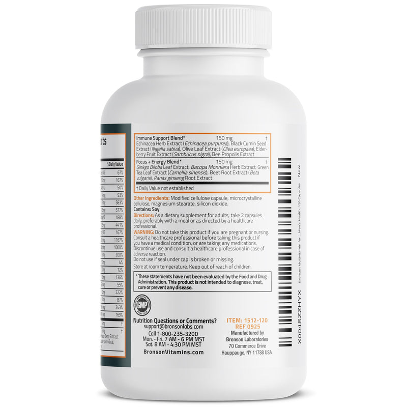 Bronson Multivitamin for Men All-in-One Daily Coverage, 120 Capsules | Once-Daily Men's Wellness Formula with Immune, Focus & Energy Support, Ashwagandha & Saw Palmetto, Non-GMO & Gluten-Free 120 Count (Pack of 1)