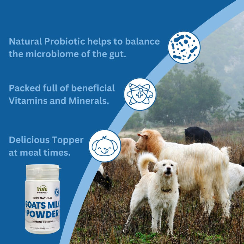 Whole Goats Milk Powder for Dogs 200g - Natural Dog Food Topper & Digestive Aid Supplement for Nutrition, Lick Mat & More - Sprinkle Dry or make into a Dog Milk - Vale Pet Foods