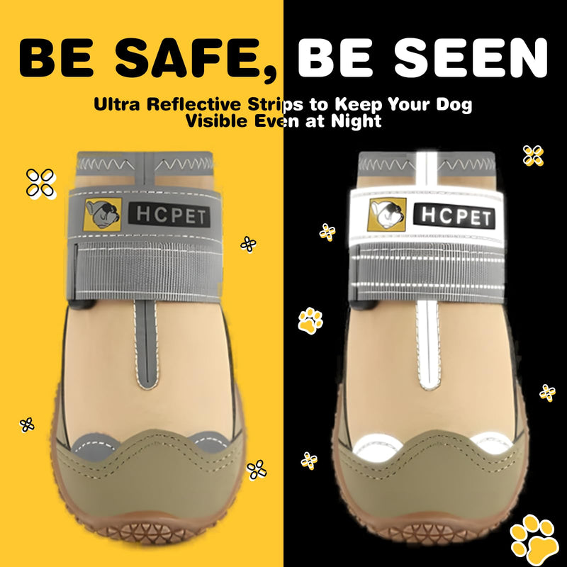 Hcpet Dog Shoes for Large Dogs, Waterproof Dog Booties for Small Medium Dogs, Anti-Slip Dog Boots & Paw Protectors for Hot Pavement Winter Snow Hiking with Reflective Straps Khaki Size 6 #6 (Width 2.36 inch) for 52-68 lbs - BeesActive Australia