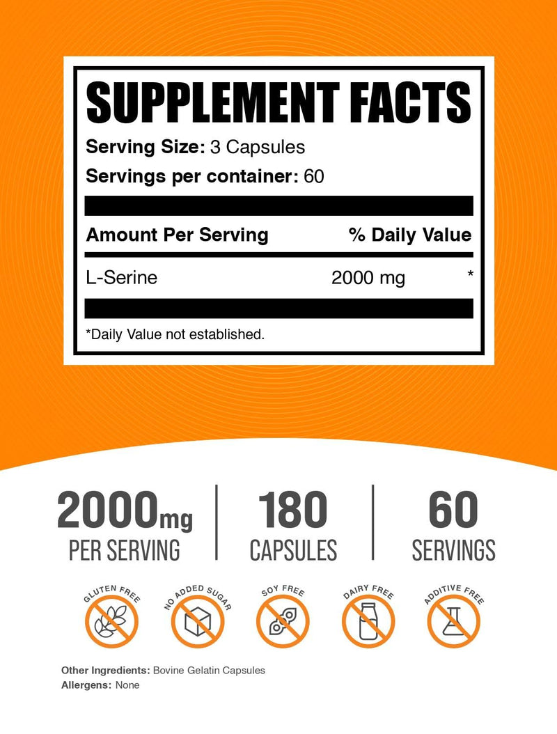 BulkSupplements.com L-Serine Capsules - Serine Supplement, Amino Acids Supplement - Gluten Free, 3 Capsules per Serving, 180 Count (Pack of 2) 180 Count (Pack of 2)