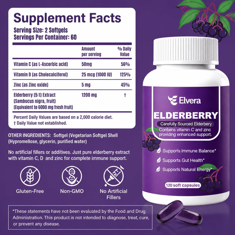 Elderberry - Elvera Elderberry Gut Support, 1200mg Elderberry Extract, Vitamin C, Zinc for Digestive Balance, Immune Support | Vegan, Non-GMO | 120 Soft Capsules 1pc