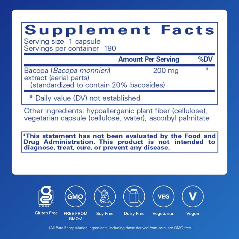 Pure Encapsulations Bacopa Monnieri | Supplement for Brain, Memory, Concentration, and Stress Support* | 180 Capsules Standard Packaging