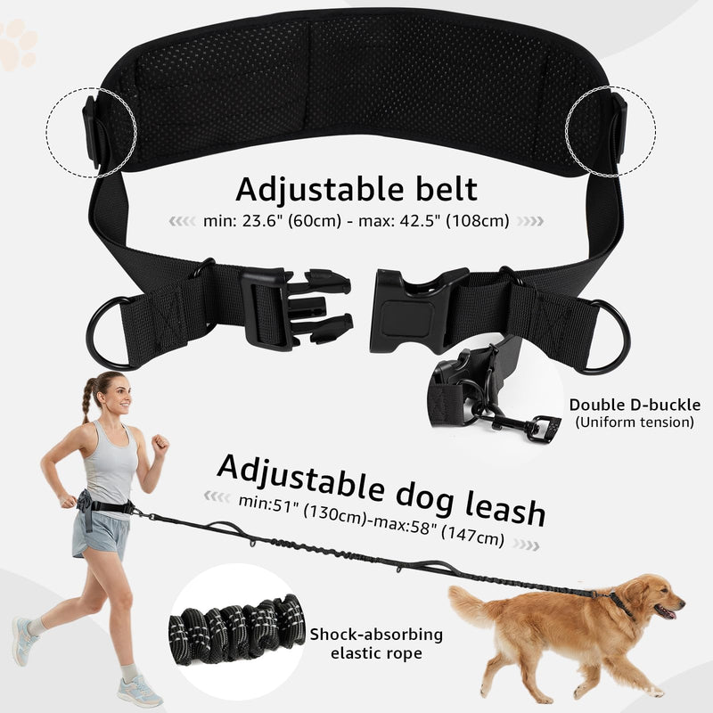Hands Free Dog Leash with Waist Pack Featuring 2 Metal Clips - Adjustable Leash with Reflective Stitching and Shock Absorbing Design for Walking, Jogging, Hiking, Running and Training Pets