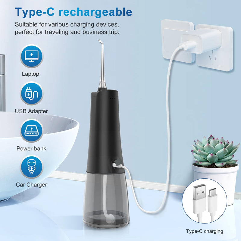 Rechargeable Water Flosser for Teeth, 300ML Oral Irrigator with 4 Nozzles, 2000mAh Battery, IPX7 Waterproof, 360° Rotating, USB Charging, Portable Cordless Dental Cleaner for Braces & Gum Care Black/Clear/Gray