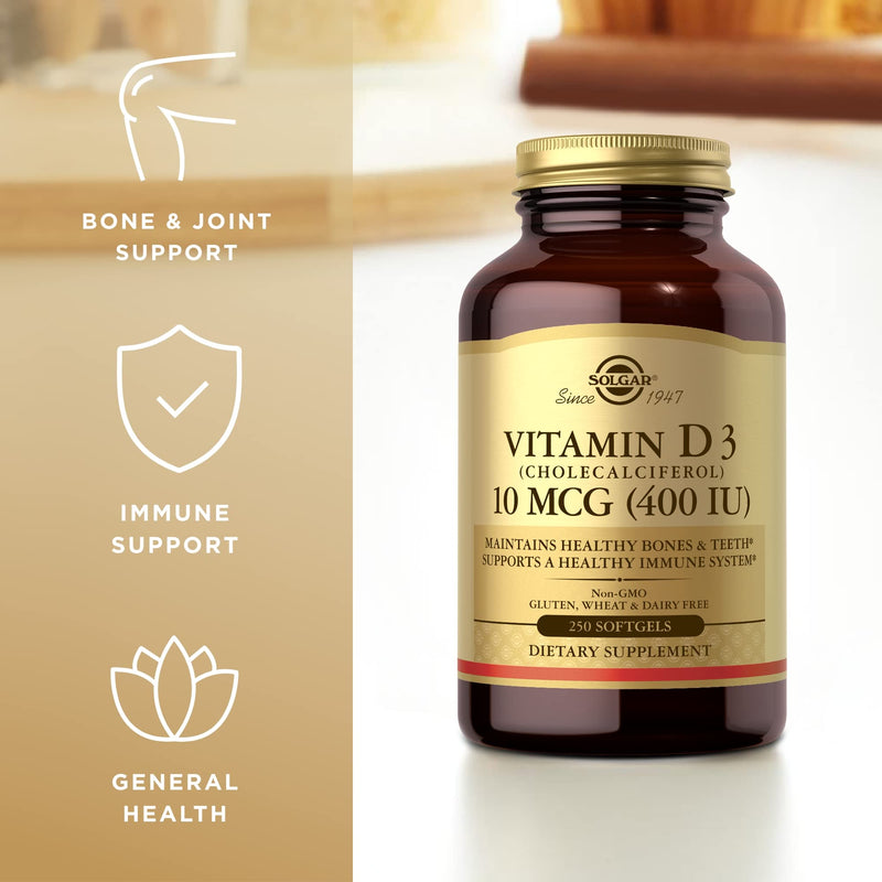 Solgar Vitamin D3 (Cholecalciferol) 10 mcg (400 IU) - 250 Softgels - Helps Maintain Healthy Bones & Teeth - Immune System Support - Non-GMO, Gluten Free, Dairy Free - 250 Servings