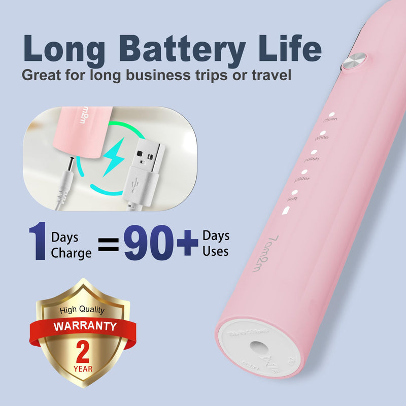 7AM2M Sonic Electric Toothbrush for Adults and Kids, with 8 Brush Heads and Travel Case,5 Modes with 2 Minutes Build in Smart Timer, One Charge Use for 90 Days, Rechargeable Toothbrushes(Pink) Pink