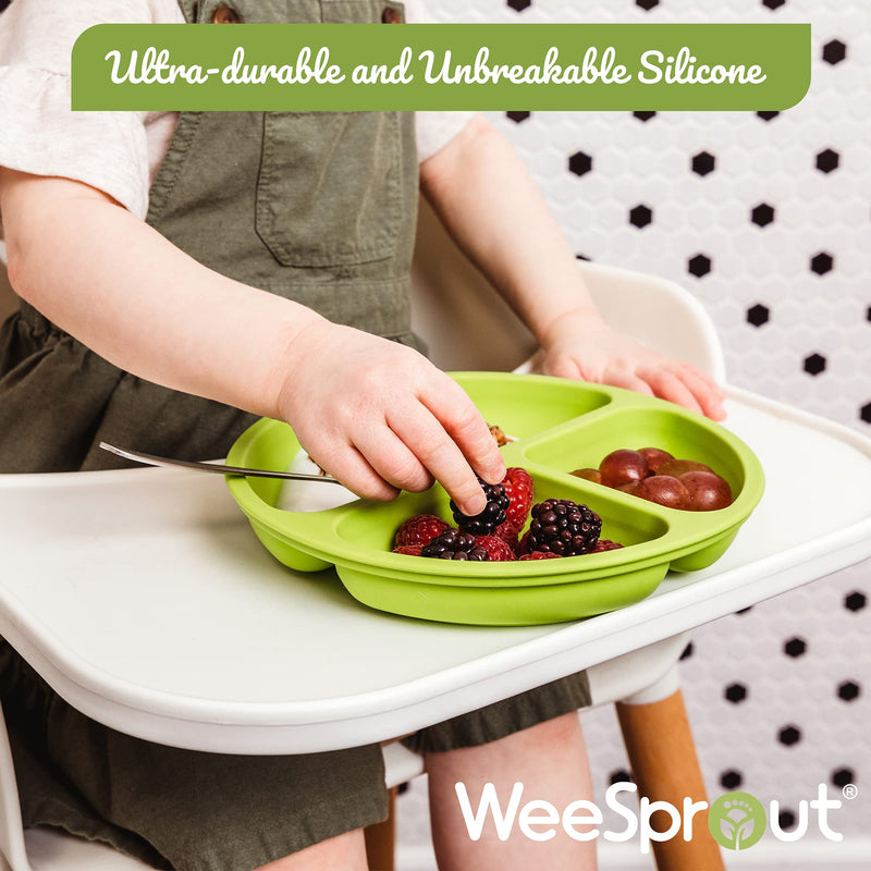 WeeSprout Suction Plates with Lids for Babies & Toddlers - 100% Silicone, Dinnerware Stays Put, Divided Design for Picky Eaters, Microwave & Dishwasher Friendly, 3 Pack Matte Dark Grey, Blue & Green - BeesActive Australia