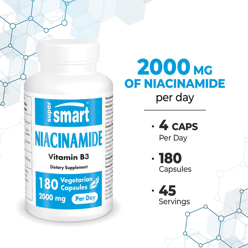 Supersmart - Niacinamide Supplement 2000mg per Day (Nicotinamide) - Flush Free Vitamin B3 Niacin | Non-GMO & Gluten Free - 180 Vegetarian Capsules