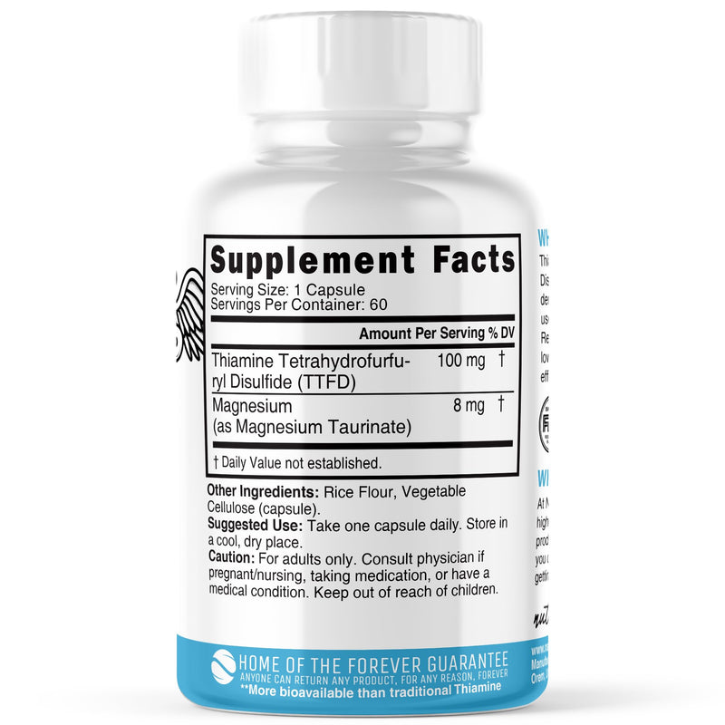 Nature's Fusions TTFD Thiamine B1 Supplement - 100mg 60 Servings - with 8mg Magnesium - No Toxic Fillers - TTFD Thiamine Tetrahydrofurfuryl Disulfide - Third Party Lab Tested - Nutri Supplements 60 Count (Pack of 1)