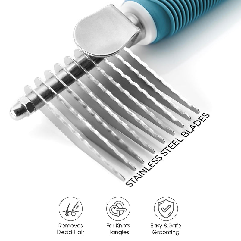 Poodle Pet Dematting Fur Rake Comb Brush Tool - Dog and Cat Comb with Long 2.5 Inches Steel Safety Blades for Detangling Matted or Knotted Undercoat Hair (Blue, Dematting Comb) Blue - BeesActive Australia