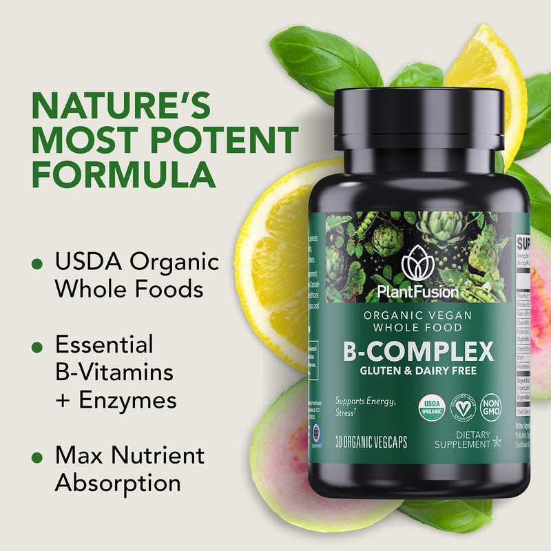 PlantFusion Organic Vitamin B-Complex, Vegan Whole Food Supplement for Energy & Metabolism, Methylated B12, Guava, Lemon & Basil, Non-GMO, Gluten-Free - 30 Capsules 30 Count (Pack of 1)