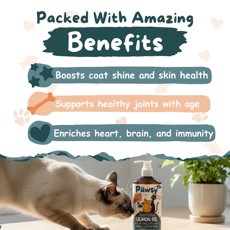 PAWSY Scottish Salmon Oil for Cats 500ml – Omega 3, 6 & 9 for Skin and Coat – Natural EPA and DHA – Supports Healthy Skin, Glossy Fur and Joint Comfort – Tasty Drizzle Cats Love (500ml)