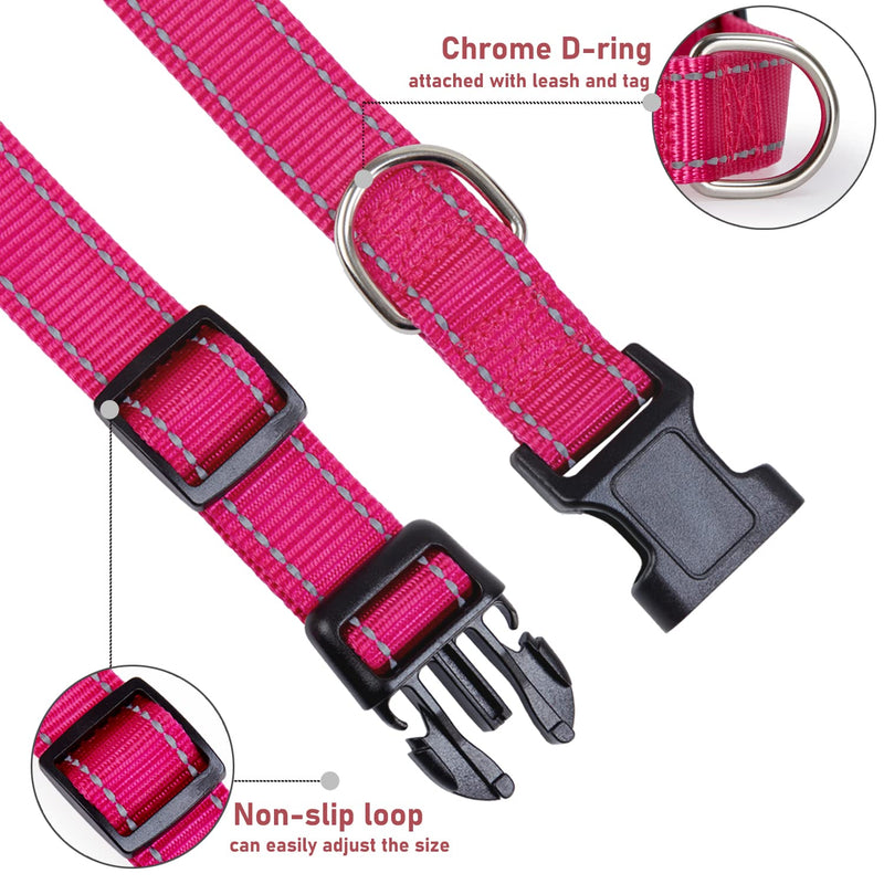 Reflective Dog Collar with Buckle Adjustable Safety Nylon Collars for Small Medium Large Dogs, Pink S Hotpink Small :Width 5/8",Neck 10-14" - BeesActive Australia