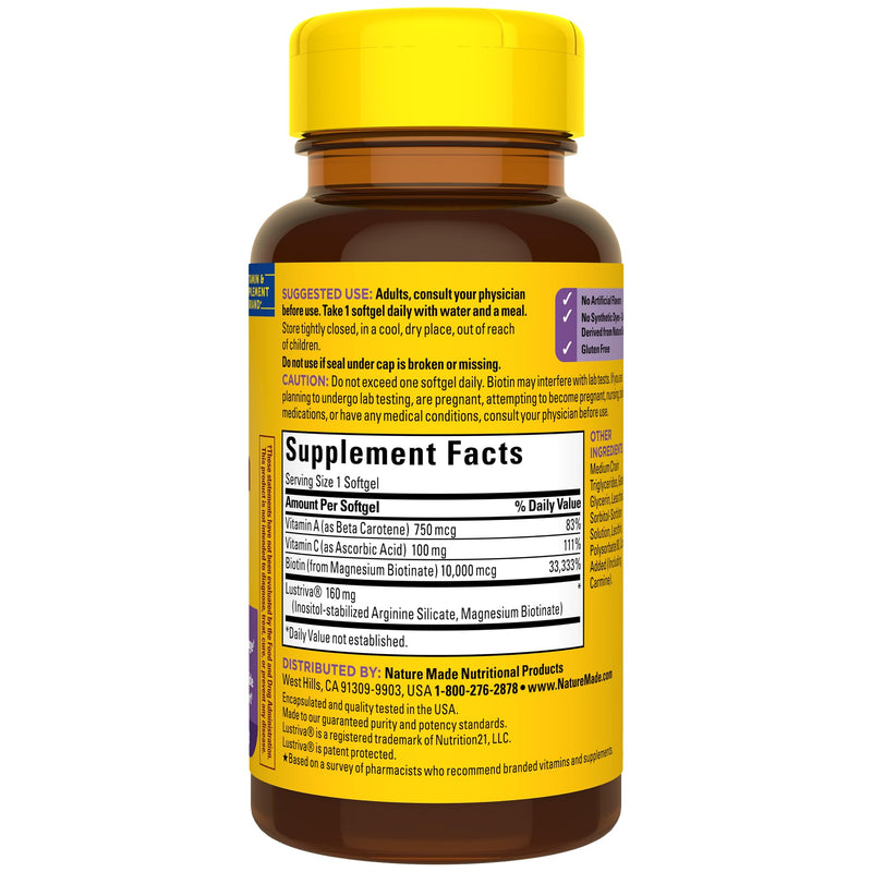 Nature Made Hair-Growth Softgels, Clinically Studied Lustriva + Biotin, Vitamin C & A, Hairs Growth Vitamins - Support Healthy Hair as You Age, 30 Softgels, 30 Day Supply, (Pack of 2) 30 Count (Pack of 2)