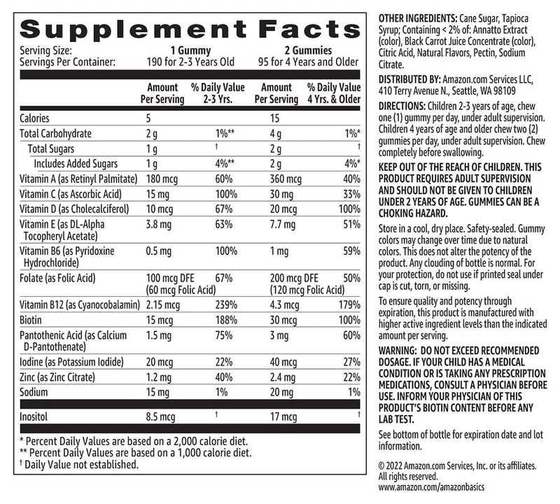 Amazon Basics Kids' Multivitamin, 190 Gummies, Orange, Cherry & Strawberry (Previously Solimo) 190 Count (Pack of 1)