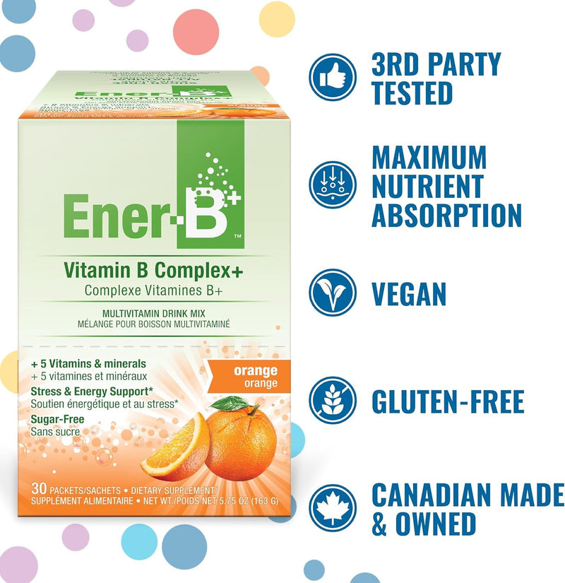 Ener-B+ Sugar Free Multivitamin Drink Mix, Vitamin B - Orange, 30 Count | Instant Vitamin Packets, Electrolyte Powder Sticks, Hydration Booster, Supplement Liquid for Men and Women 5.75 Ounce (Pack of 1)