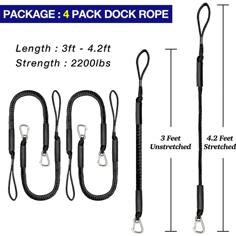 4 Pack Bungee Dock Line with Stainless Steel Clip 3FT Mooring Rope Boat Accessories Docking Lines PWC Dockline for Boats Kayak, Jet Ski, Pontoon, Canoe, Power Boat WaveRunner (Black) Black