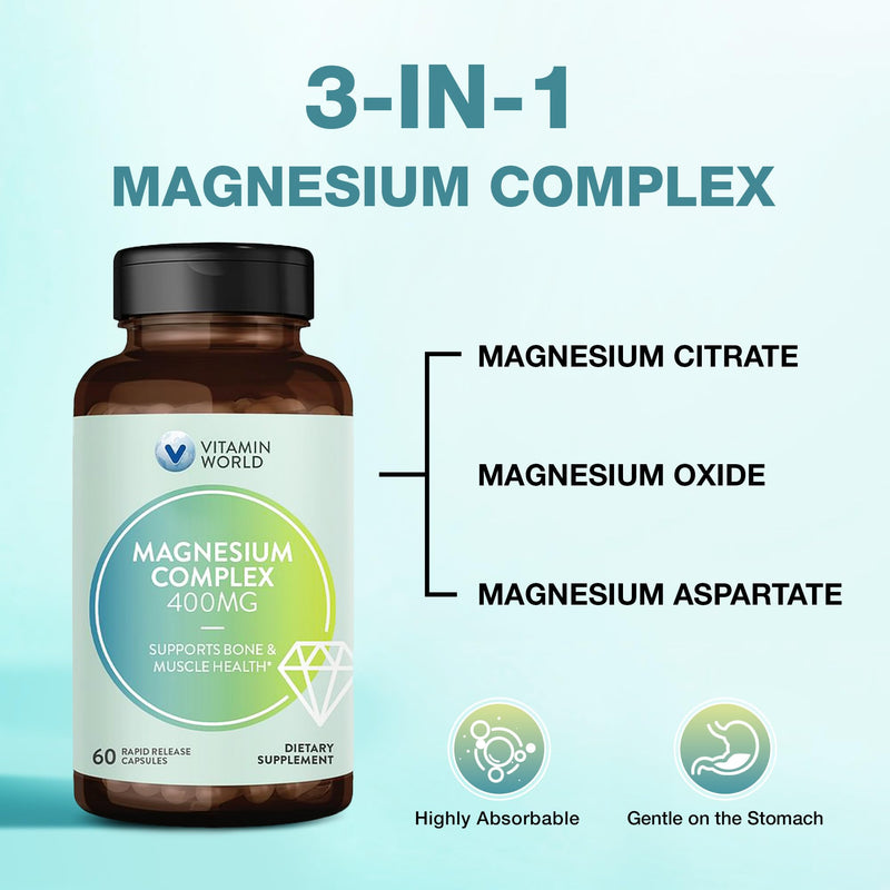 Vitamin World Magnesium Complex 400mg, 60 Capsules | Magnesium Citrate, Oxide & Aspartate for Bone, Muscle & Nerve Support, Optimal Absorption 3-in-1 Magnesium Supplement