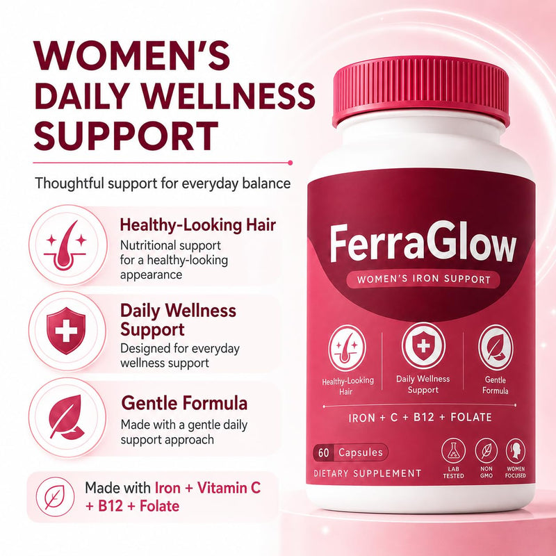 FerraGlow Iron Support Capsules for Women, 60 Count | Iron Bisglycinate, Lactoferrin, Vitamin C B12, Gentle Absorption Formula, Daily Wellness Hair Energy Support
