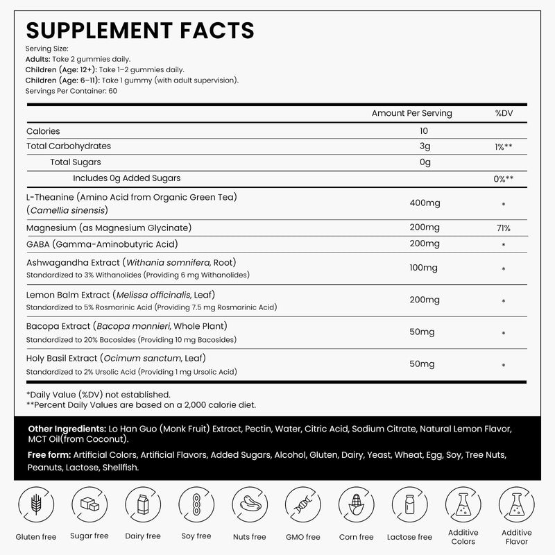 Stress Support Gummies for Kids & Adults, L-Theanine 400mg with Magnesium Glycinate, GABA & Ashwagandha, L Theanine Chewable Supplement for Relaxation, sleep, Calm & Focus, 120 Count, 60 Day Supply