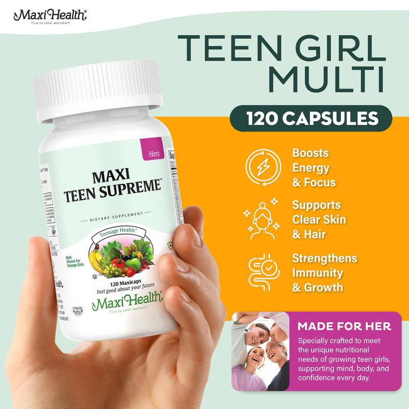 Maxi Health® Teen Vitamins for Girls 12-17, Teen Multivitamin (120 Count) | D3, Iron, Calcium, Biotin & Zinc | Skin, Immune & Mood Support | Kosher | Non-GMO | Doctor Formulated