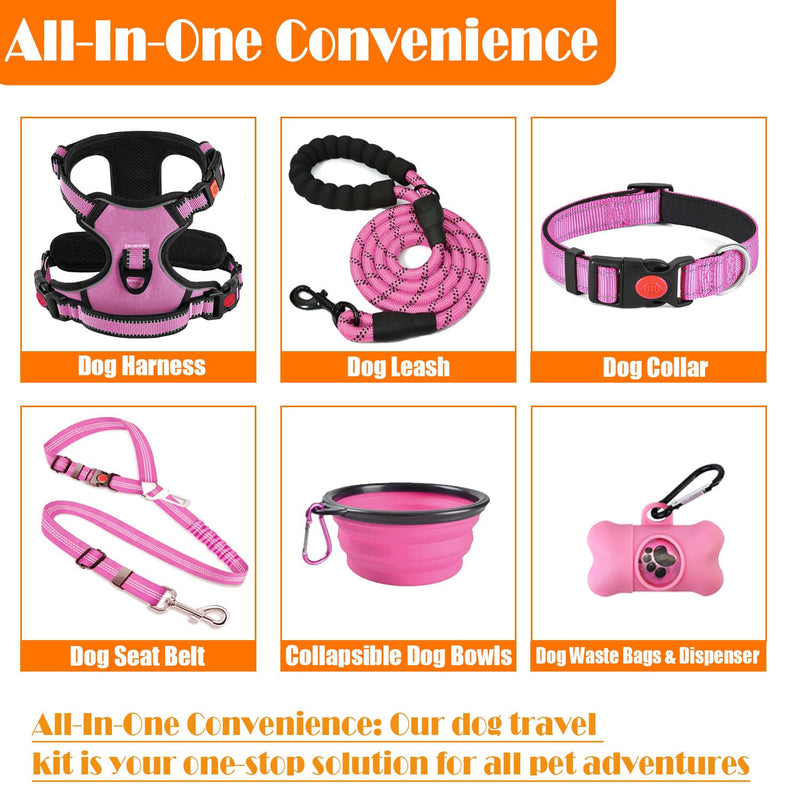 No Pull Dog Harness, Collar & Leash Set | Includes Dog Seat Belt, Collapsible Bowls & Poop Bag Dispenser. Ideal for Training, Walking, Hiking. Fits Small to Large Dogs(Pink-M) Medium Pink - BeesActive Australia
