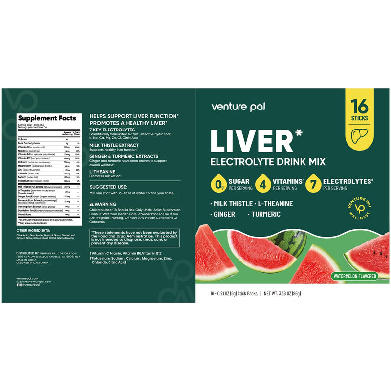 Venture Pal Sugar Free Hydration Packets + Liver Support, 16 Sticks | 7 Electrolytes & 5 Vitamins with Milk Thistle, L-Theanine, Ginger, Weekend Recovery, Keto Friendly, Vegan, Liquid Daily IV 1 Pound (Pack of 1) V5-Watermelon