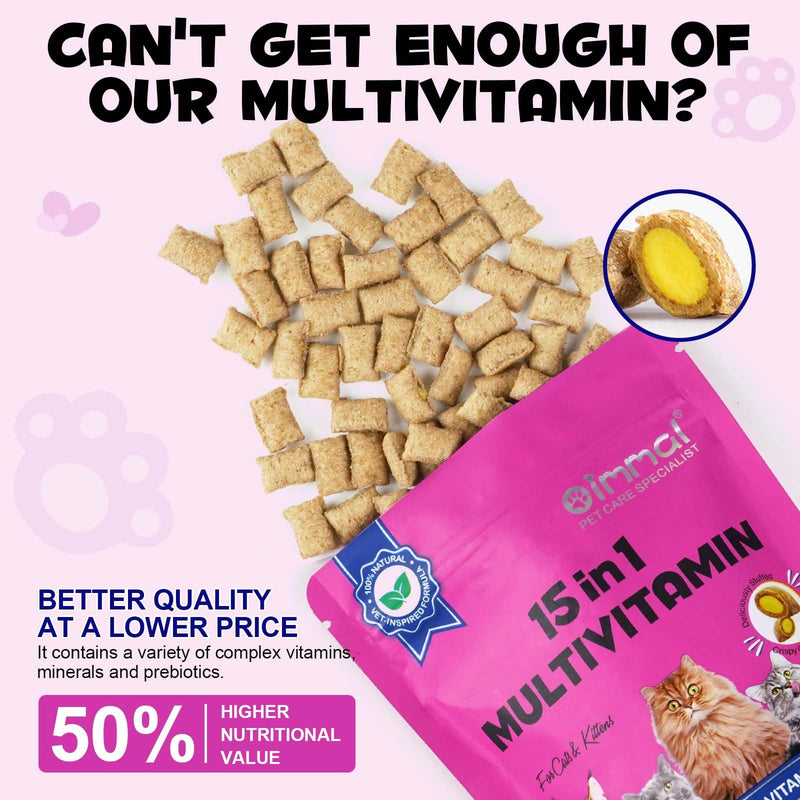 Cat Multivitamin Treats Chews, 15-in-1 Cat Chews for Health, Immune, Digestive, Skin & Coat - Chicken Flavor Soft-Crunchy Bites with Taurine, Omega Fatty Acids, Prebiotics & Vitamins