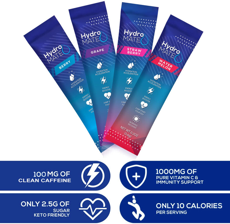 HydroMATE Electrolytes Powder Drink Mix Packets Hydration Accelerator Low Sugar Party Favors for Rapid Recovery Vitamin C Plus Caffeine Variety Pack 16 Sticks 16 Count (Pack of 1)