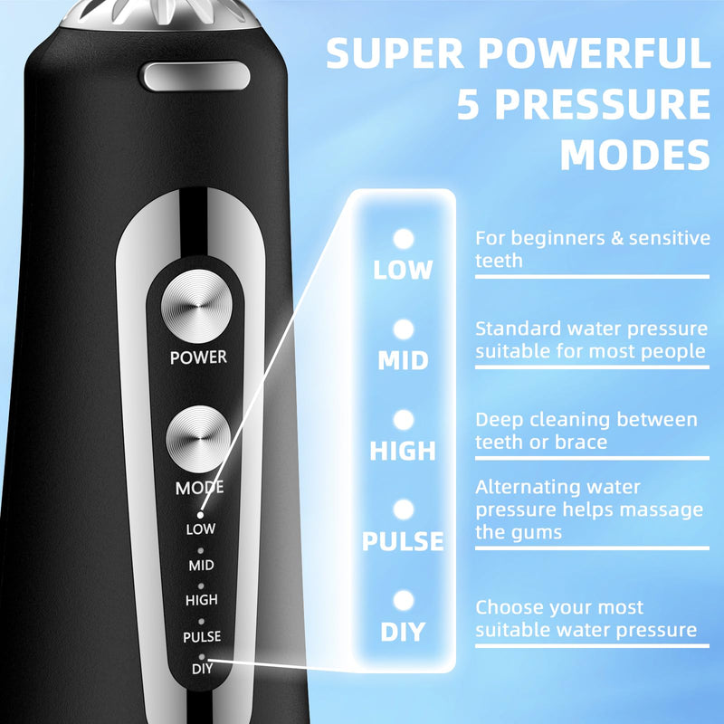 Water Flosser,300ML Water Pulse flossers-5 Modes&6 Replaceable Jet Tips for Teeth Cleaning and Flossing,Rechargeable (Black) Black