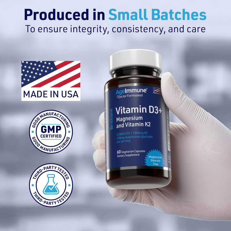 AgeImmune Brilliant D3+ Complex - 60 Capsules - 5000 IU Vitamin D3 + K2 + Magnesium Glycinate Supplement - Doctor Formulated for Immune & Bone Support - No Stearates, No Dioxides