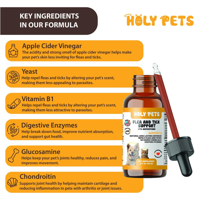 Flea & Tick Oral Drops for Dogs & Cats – Natural Herbal Supplement with B Vitamins – 2 oz, 60 Servings – Safe for All Breeds – Made in USA 2oz