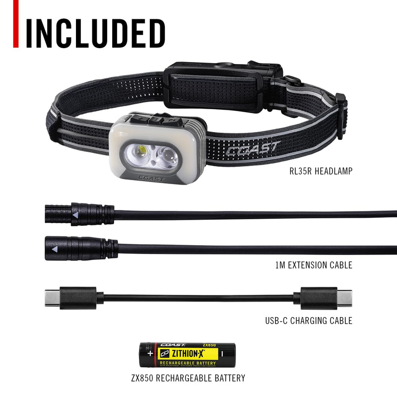 Coast RL35R Voice-Controlled 1100 Lumen Rechargeable LED Headlamp with ARC280™ Lighting, 4 Color Modes, Rear-Facing Safety Signal, Variable Light Control and USB-C Charge Port - BeesActive Australia