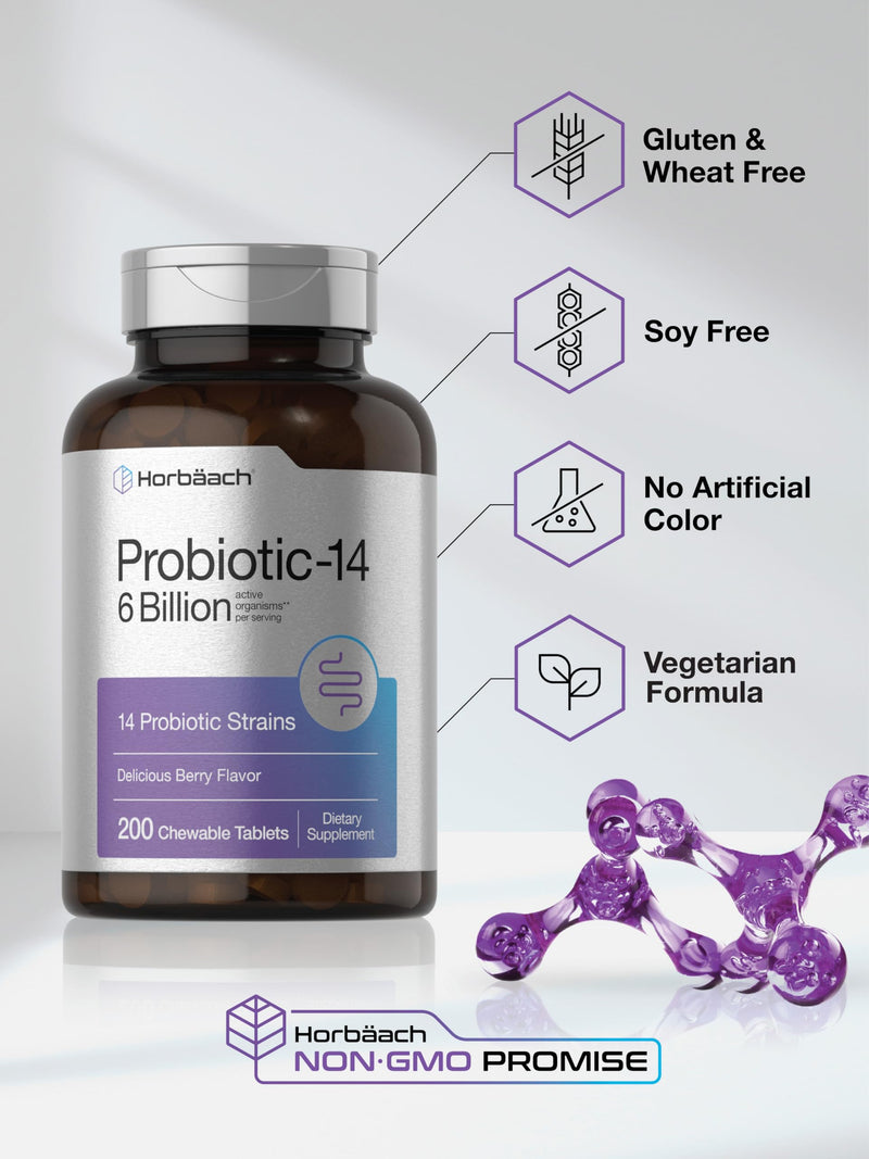 Horbäach Probiotics 6 Billion CFUs | 200 Chewable Tablets | Berry Flavor | 14 Probiotic Strains | Vegetarian, Non-GMO & Gluten Free Supplement for Men & Women