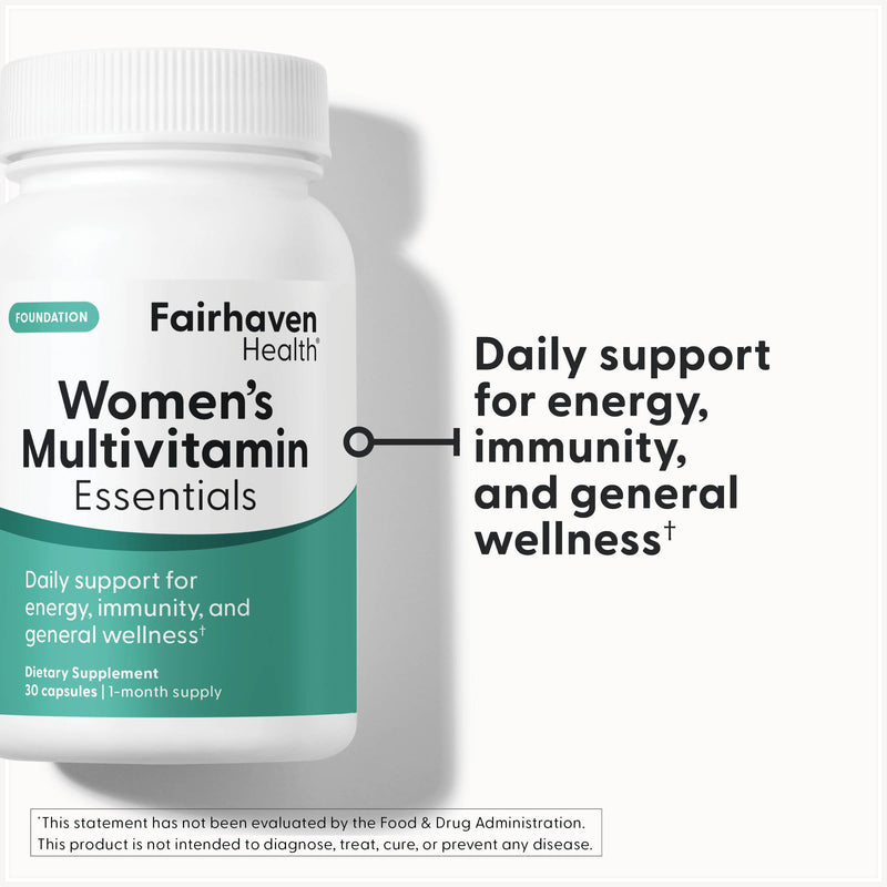 Fairhaven Health Womens Multivitamin Essentials | Once Daily Multivitamin for Women Support for Energy, Immune Health, Eye Health, Hormone Balance | Gluten, Dairy, Soy Free | Vegan | 30 Capsules