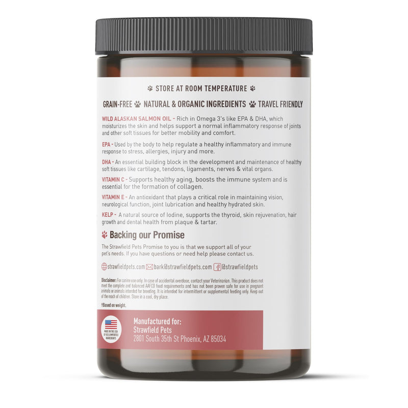 Strawfield Pets Salmon Dog Chews Omega 3 Fish Oil Chews with Wild Alaskan Salmon Oil Skin & Coat + Seasonal Allergy Support Hip & Joint Dog Supplement + EPA & DHA Made in USA